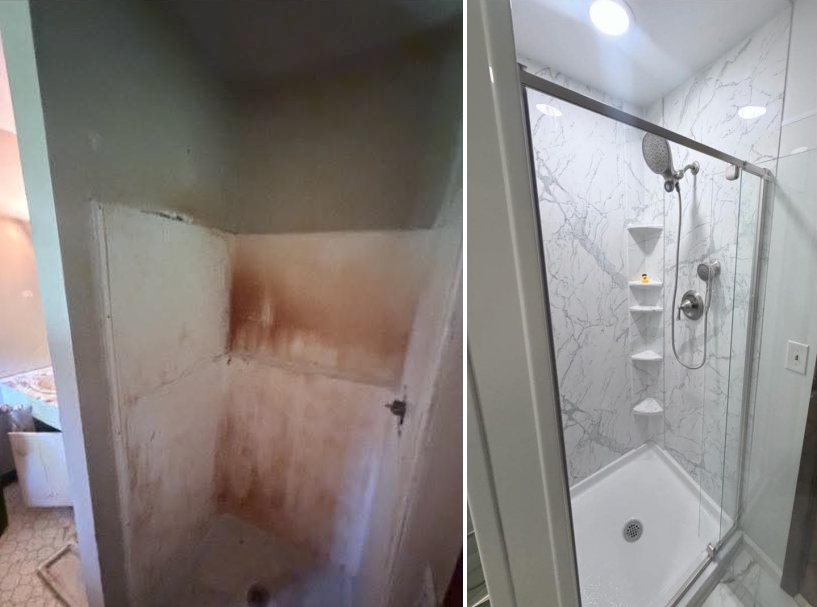 Before and after of a shower replacement: a stained and leaking shower stall replaced with white marble-look wall panels, a corner shelf tower and a new moulded base
