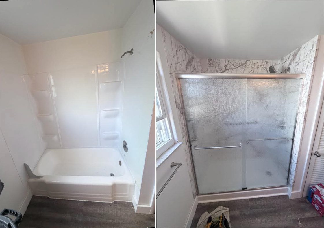 Before and after of a tub-to-shower conversion with marble-look wall panels and a frosted glass sliding door