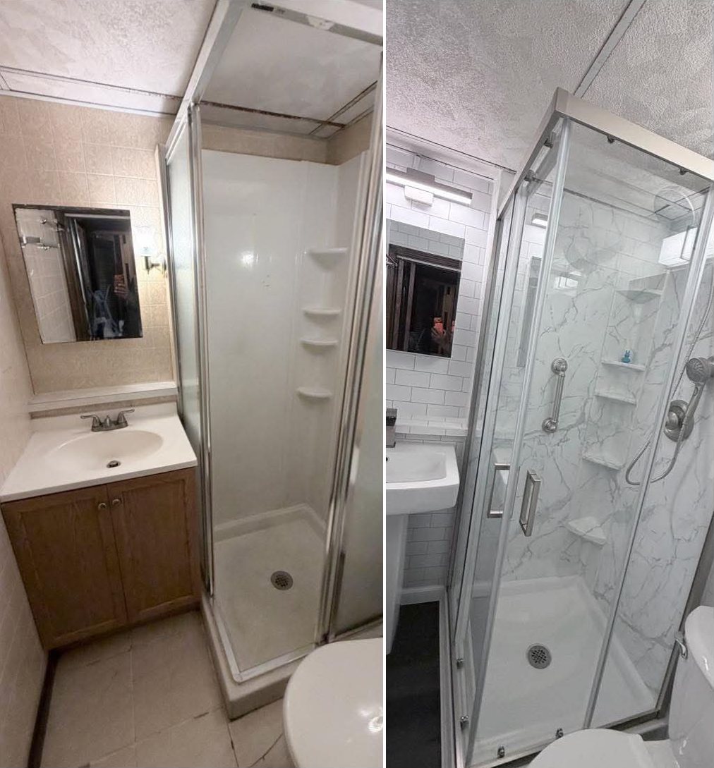 Before and after of a full bathroom remodel: a dated corner shower and oak vanity replaced with a marble-look corner shower with sliding glass doors, a white pedestal sink and a new vanity light
