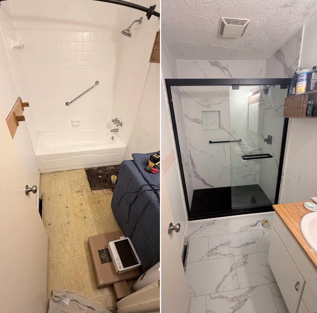 Before and after of a tub-to-shower conversion: an old bathtub and tiled surround replaced with marble-look wall panels, a black shower base and a black-framed sliding glass door