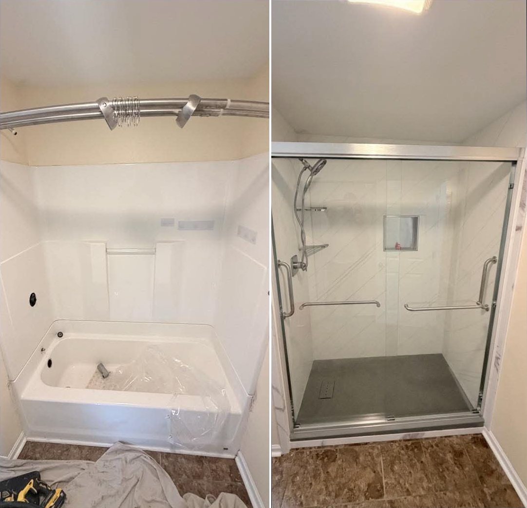 Before and after of an accessible tub-to-shower conversion: a white bathtub replaced with a low-step shower with marble-look walls, a slate-grey base, sliding glass doors and a grab bar on each side